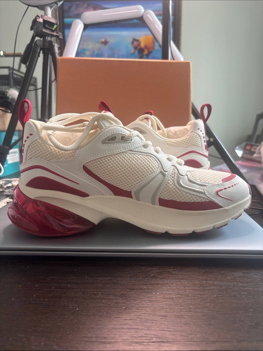 Tory Burch Cream and Red Mesh Athletic Sneakers